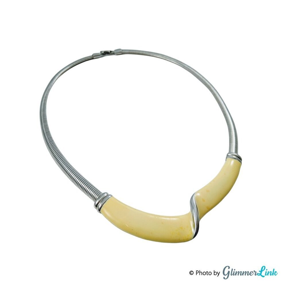 Vintage Butterscotch Yellow Enamel Swirl Omega Chain Silver Tone Necklace